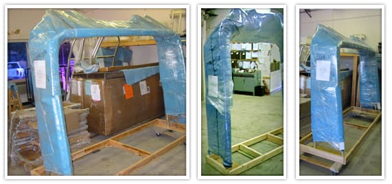 Custom arch prepared on shipping frame with protective wrapping