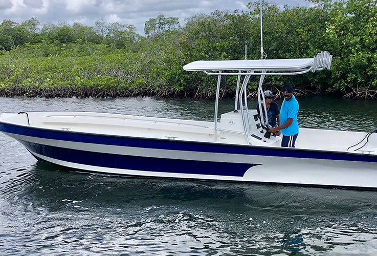 Center console boat with Atlantic Towers® top installed